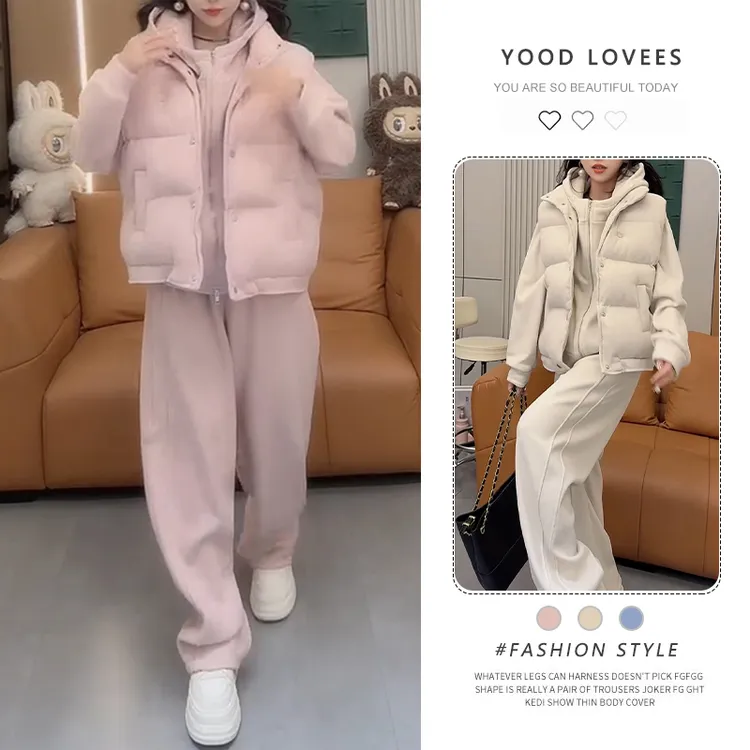 韩版休闲加绒加厚气质马甲三件套女2025冬季新款显瘦保暖卫衣套装