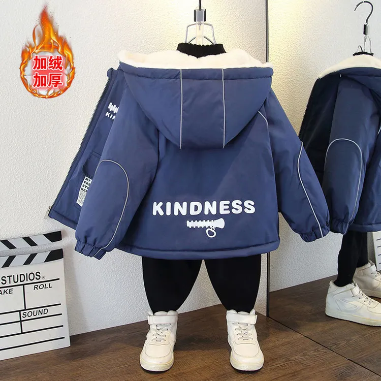 2024秋冬新款男童韩版帅气加绒加厚连帽外套男孩字母印花宽松棉服