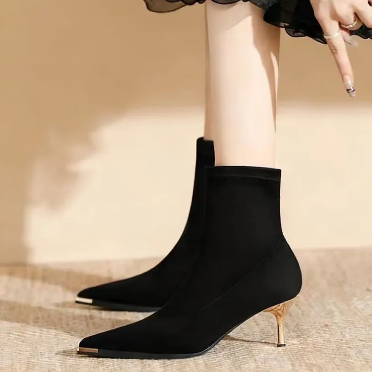 法式金属尖头细跟小短靴女2025秋冬新款百搭弹力靴绒面高跟瘦瘦靴