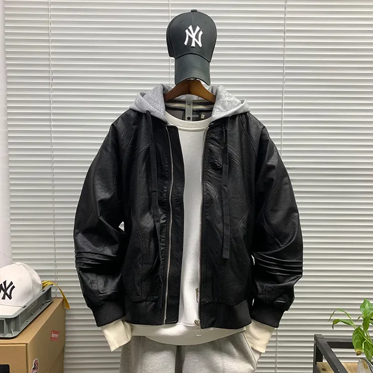 美式潮牌拼接PU皮夹克男士春秋新款防风机能休闲宽松痞帅皮衣外套