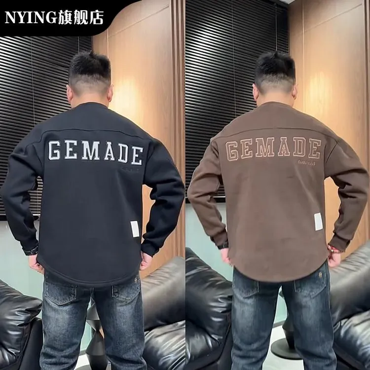 NYING秋冬新款加绒潮流拼接刺绣圆领厚棉T男字母宽松百搭上衣打底