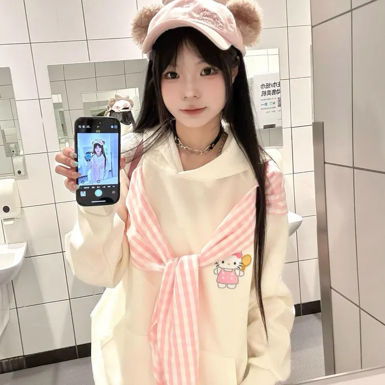 甜美披肩设计格子蝴蝶结连帽绑带卫衣女春秋慵懒新款宽松上衣外套