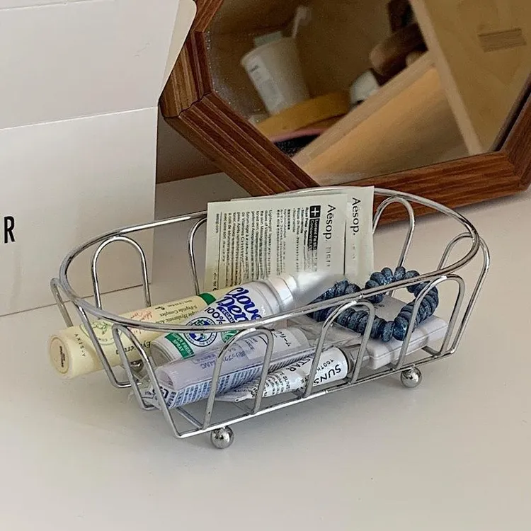 ins日式简约收纳篮线条镂空杂物饰品化妆品收纳桌面不锈钢整理篮