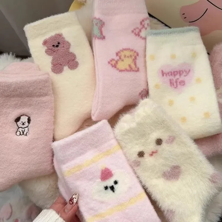 秋冬毛绒绒可爱少女卡通粉色系袜子女加厚保暖居家睡眠袜学生堆堆