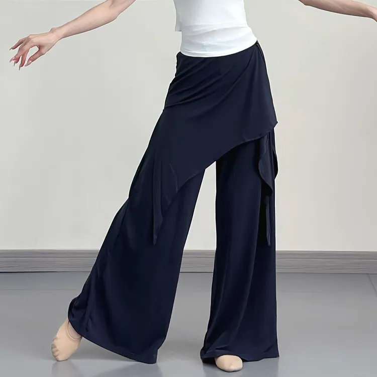 现代舞阔腿裤子女披帘假两件舞蹈练功裤宽松垂感古典舞瑜伽训练服