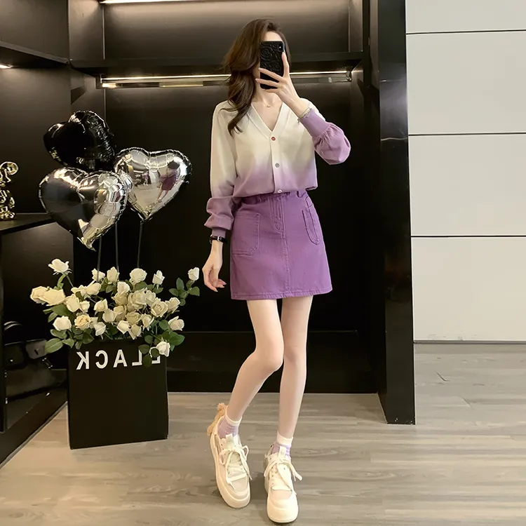 春秋新款时尚套装宽松显瘦针织衫搭高腰牛仔短裙包臀半身裙两件套