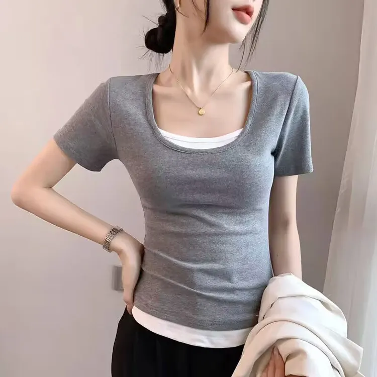 收腰拼接撞色假两件小众修身短袖新款棉U领休闲辣妹上衣夏季t恤女