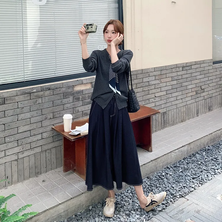 日系轻熟飘带V领针织开衫半身裙套装2025早秋气质通勤显瘦两件套