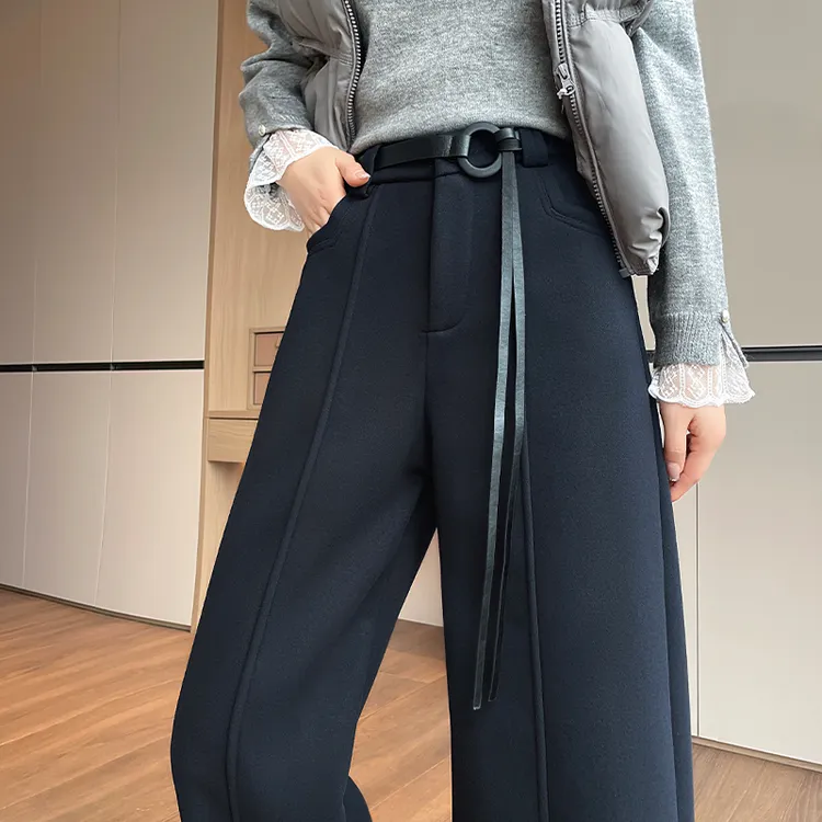 加绒毛呢阔腿裤女秋冬加厚高腰显瘦小个子九分梨形身材窄版直筒裤