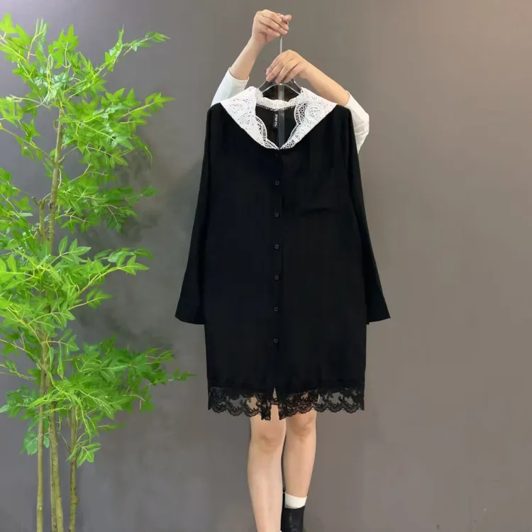 9013欧货春夏季新款蕾丝连帽长袖中长款衬衫宽松显瘦