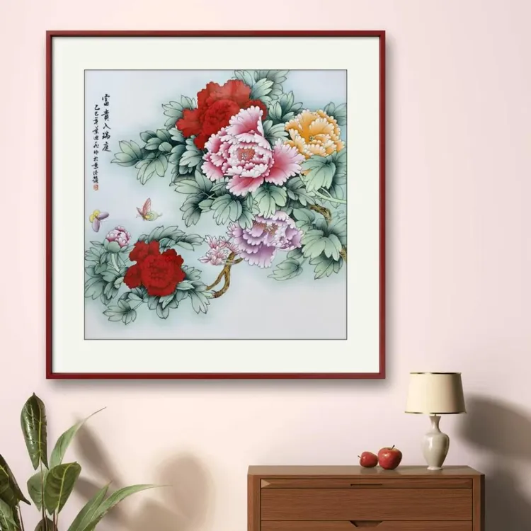 景德镇手绘新中式花开富贵瓷板画客厅卧室墙上走廊遮瑕装饰瓷板画
