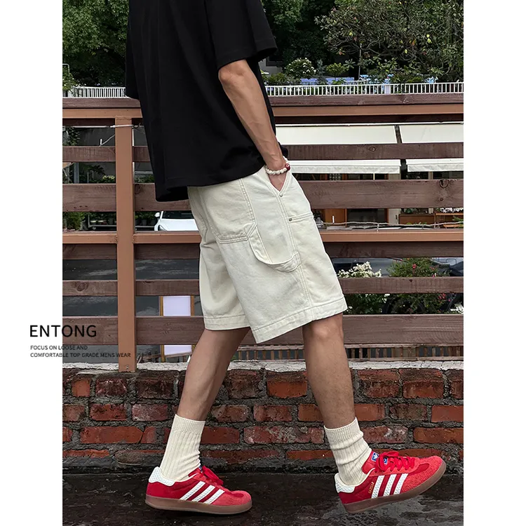 Entong潮牌美式街头宽松铆钉薄款伐木工装休闲短裤男直筒五分裤子