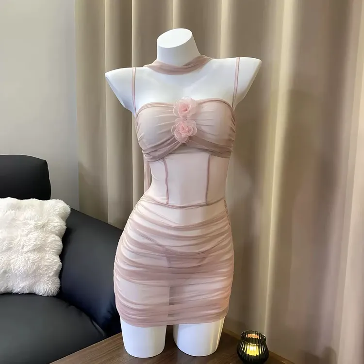 【硬糖内衣】性感纯欲风私房睡衣情侣约会网纱透明战袍蕾丝吊带裙