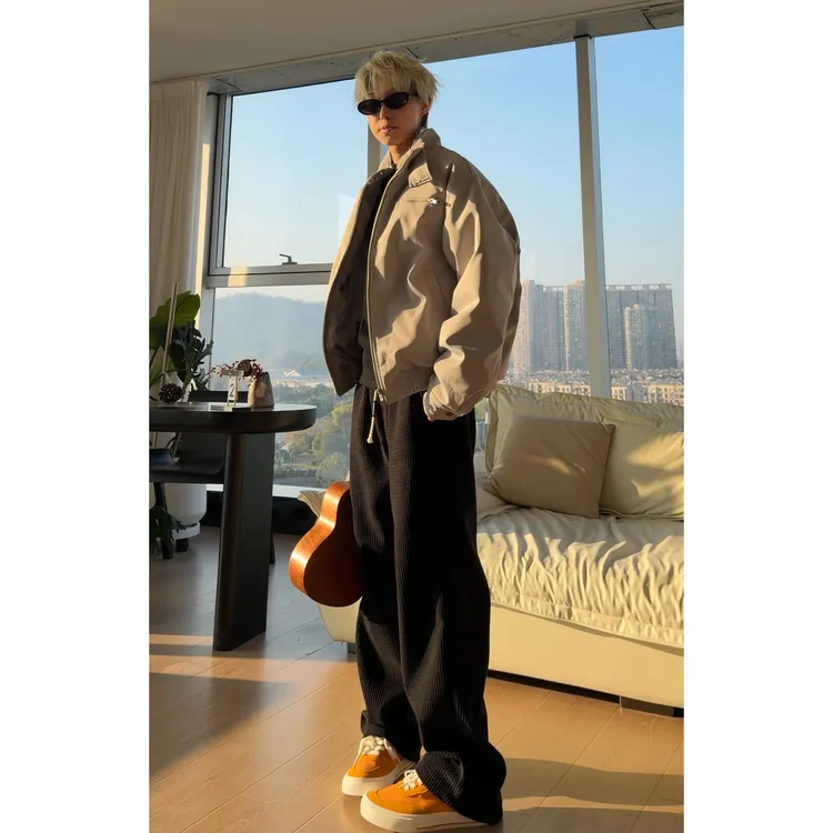 玉米纹秋冬加绒加厚高克重卫裤男宽松垂坠美式百搭设计感阔腿