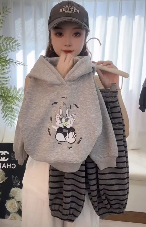【保暖加绒】灰色连帽兔子条纹裤洋气休闲韩版男女童连帽卫衣套装