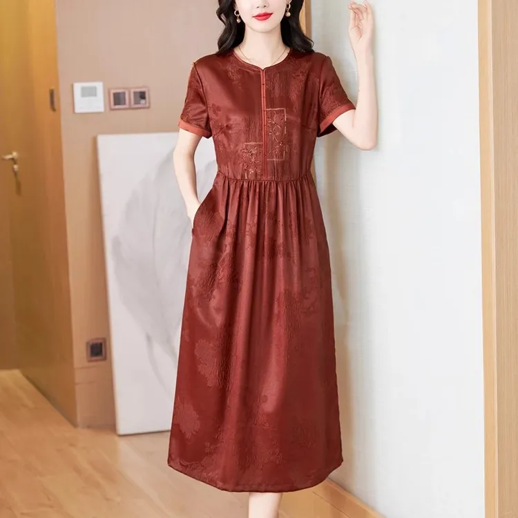 新中式桑蚕丝裙子气质夏中国风改良旗袍香云纱真丝连衣裙女婆收腰