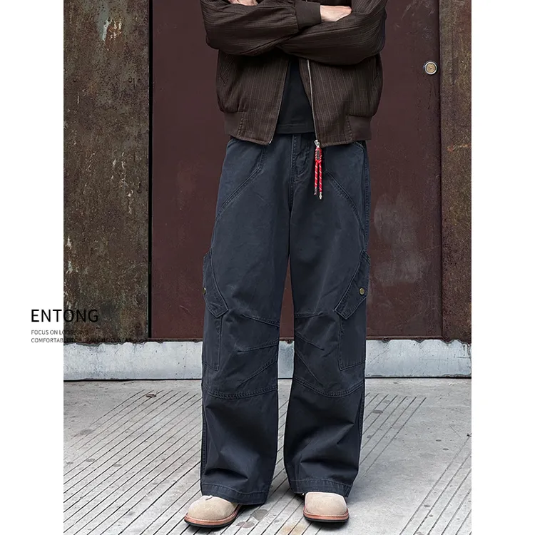 Entong日系复古褶皱工装裤男款秋季宽松阔腿cleanfit直筒休闲裤子