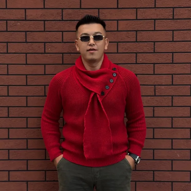 hansaydi毛巾领毛衣男士宽松设计感针织衫高领打底毛线衣