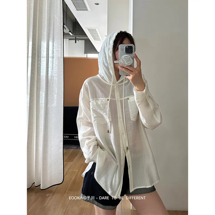 夏季时尚 轻薄连帽休闲韩版宽松肌理感防晒女25夏款百搭衬衫e1808