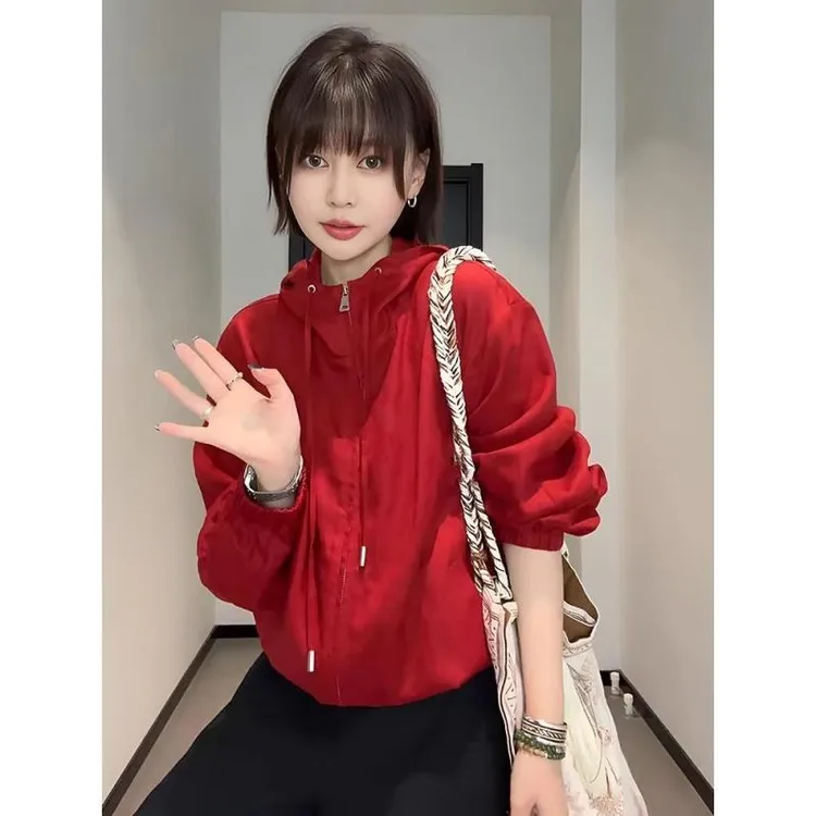 设计感红色短款双拉链外套女2025春季新款小个子休闲百搭连帽上衣
