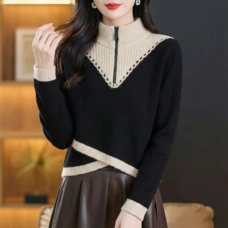 2025冬季新款女小香风拉链设计针织衫时尚拼接百搭显瘦打底衫上衣