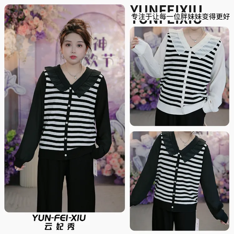 云妃秀大码女装针织衫宽松娃娃领蕾丝拼接上衣撞色显瘦秋季22615