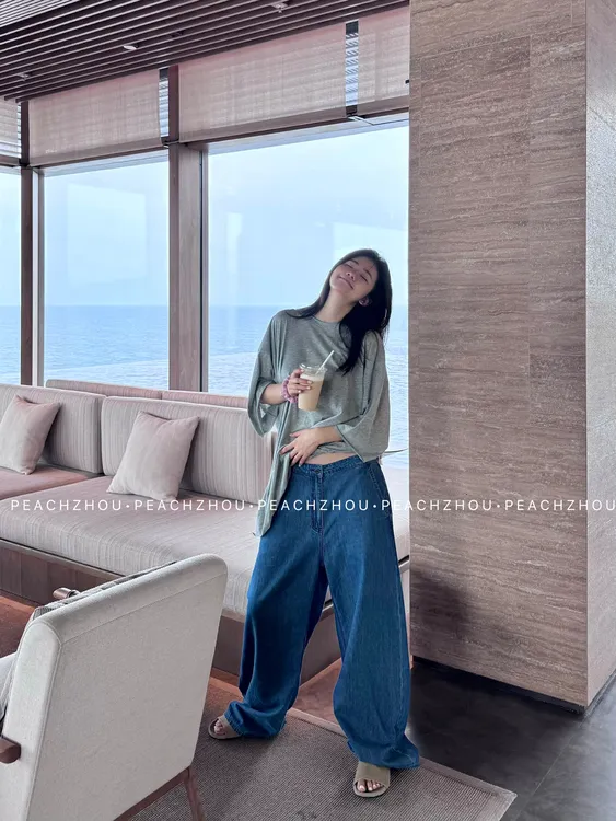 『PEACHZHOU』轻薄基础纯色丹宁宽松直筒牛仔裤美式休闲通勤阔腿裤