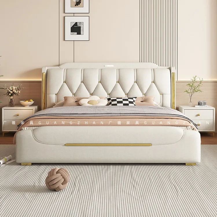 带灯奶油风简约现代麂皮绒布艺床意式主卧双人大床可充电软包婚床