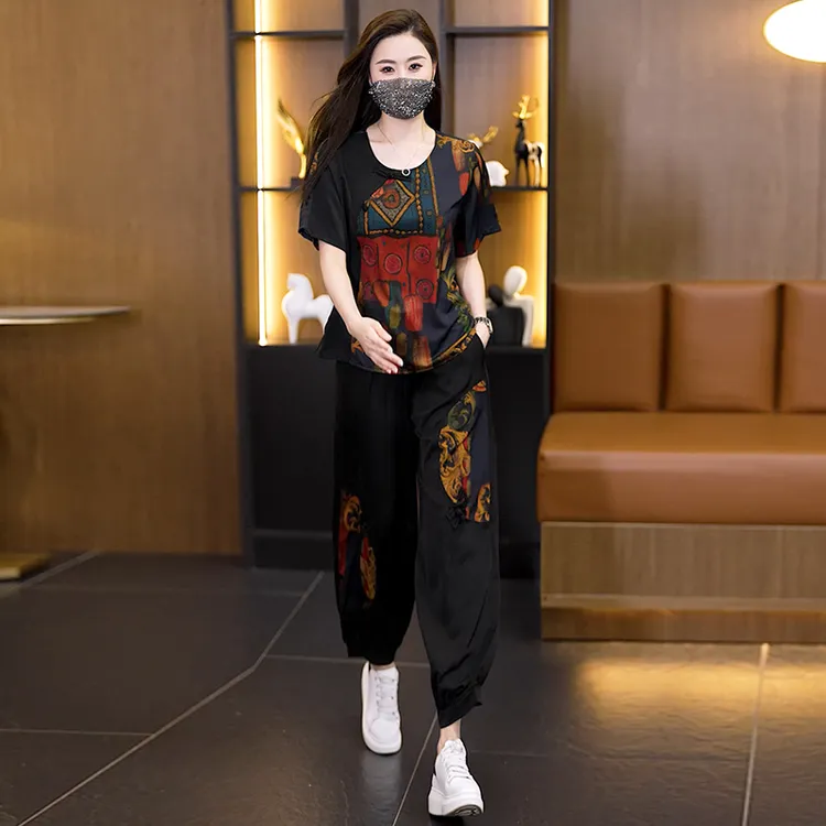 胖妈妈夏季加肥加大码复古盘扣高贵两件套中老年夏装薄款短袖套装