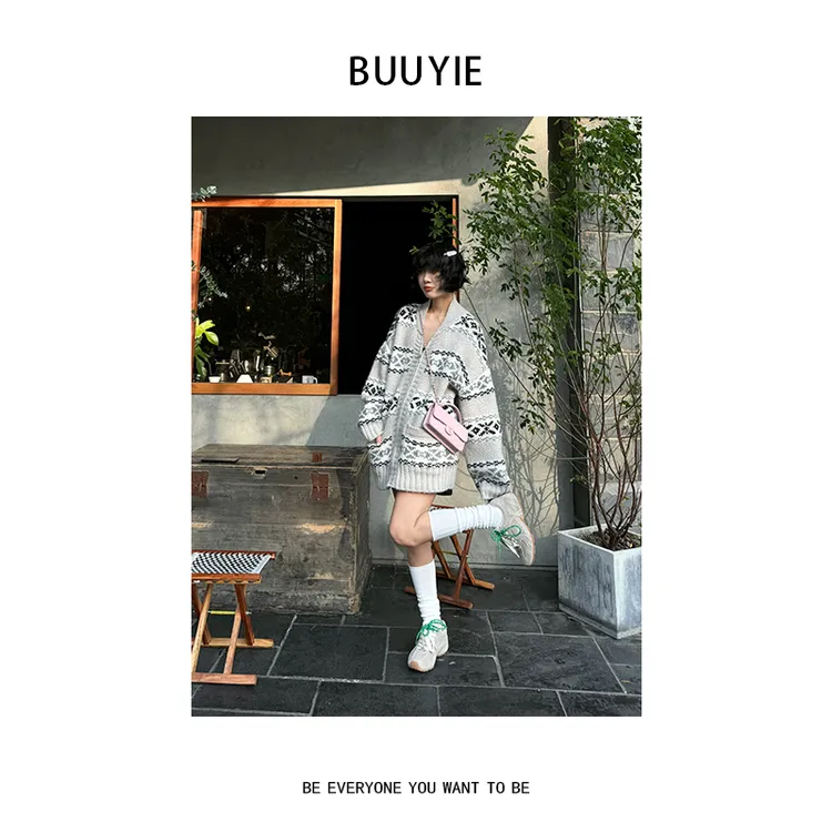 BUUYIE 25SS【画卷】拼色印花宽松拉链毛衣外套 2470586
