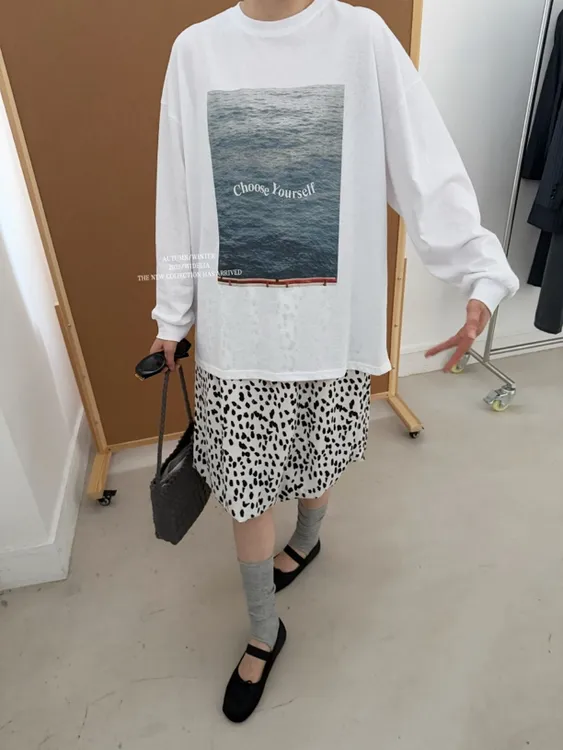 widelia夏季韩版简约风景印花长袖T恤宽松休闲防晒上衣7211