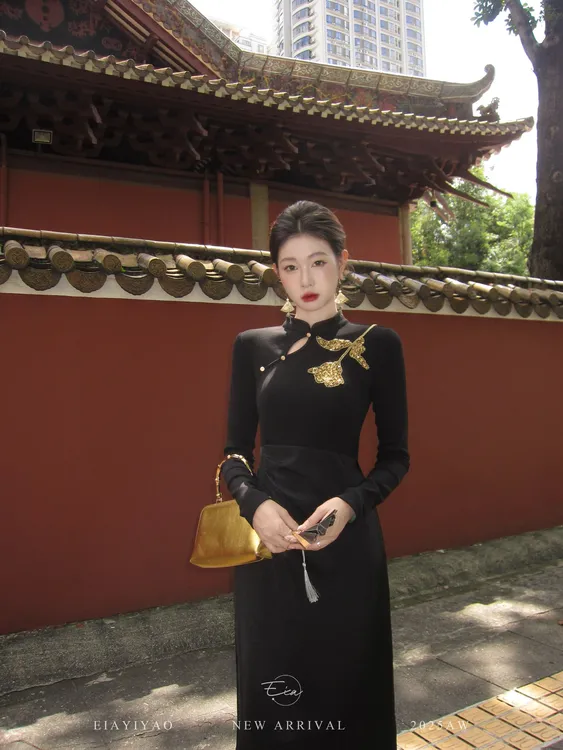 EIA一尧新中式国风【墨华引】气质矜贵旗袍复古显瘦刺绣提花连衣裙