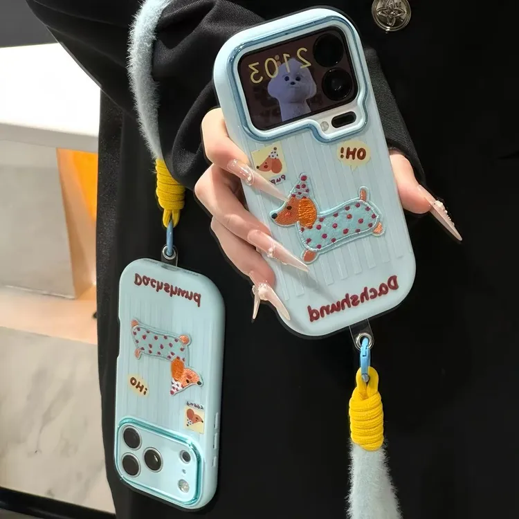 刺绣波点腊肠狗挂绳适用苹果17/16promax手机壳华为vivoppo小米17