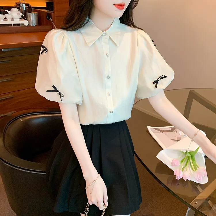 气质高档短袖女士雪纺衬衫2025夏季薄款泡泡袖上衣设计感漂亮小衫