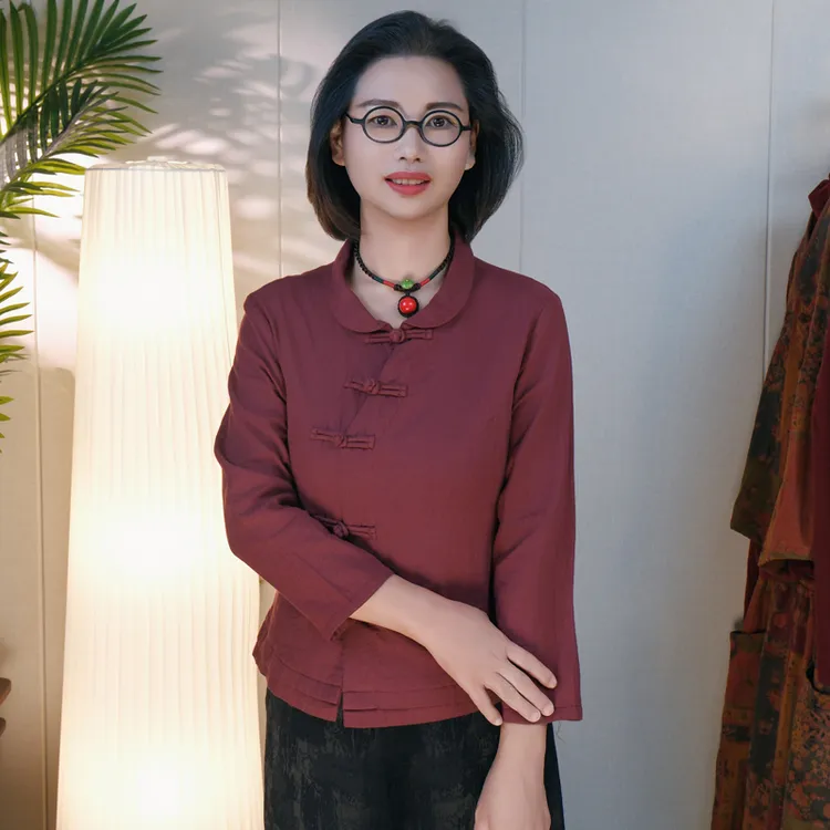 <秋恋>纯色小翻领长袖手工盘扣小斜襟休闲国风上衣优雅妈妈装2479
