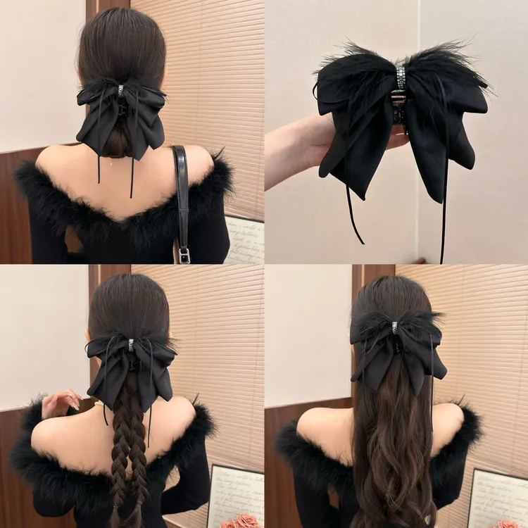 秋冬新款蝴蝶结羽毛马尾夹发饰女后脑子半扎发鲨鱼夹轻奢公主抓夹