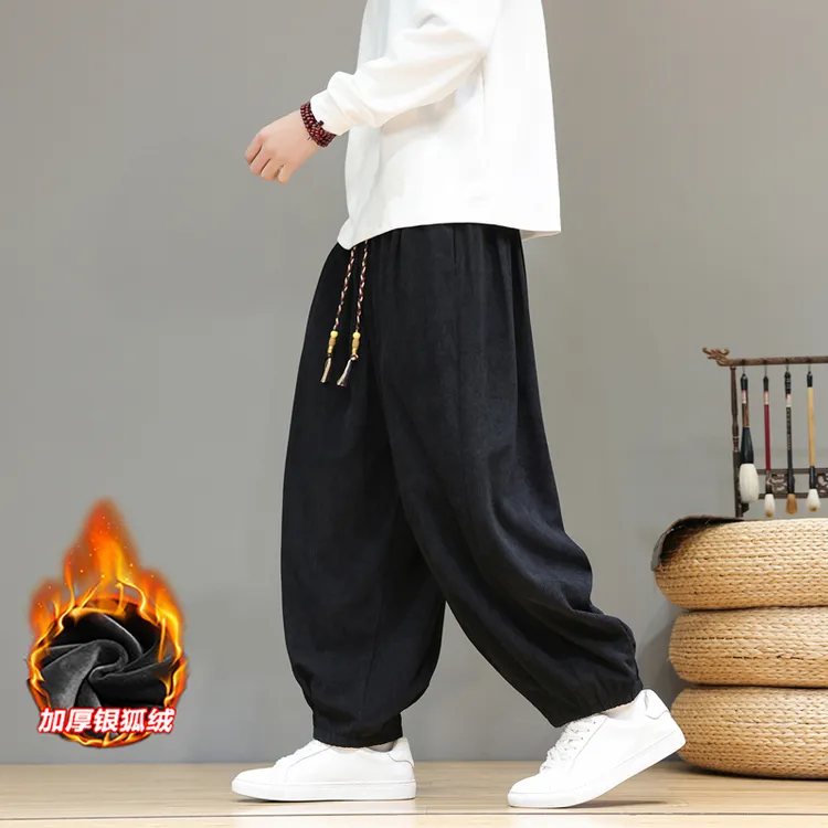 新款冬季加厚阔腿灯笼裤中国风男士大码潮流百搭宽松休闲束脚裤潮