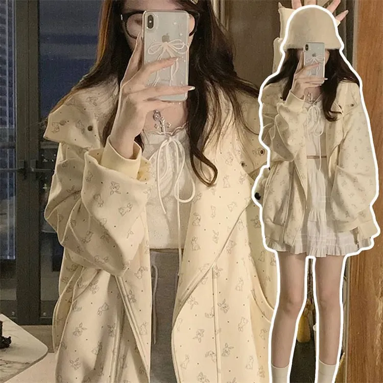 独特超好看秋季卫衣外套女2025韩系慵懒风碎花设计感连帽开衫上衣