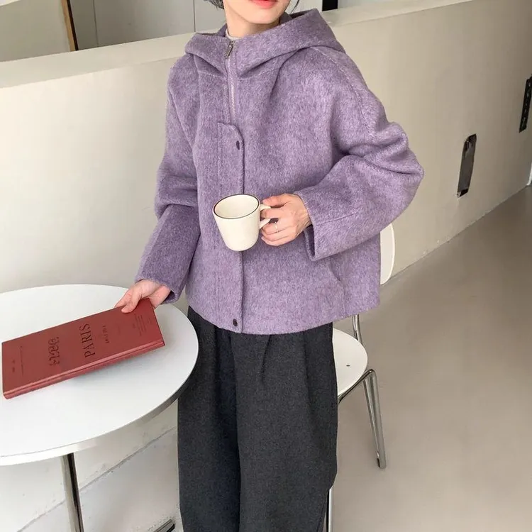 网红爆款2025秋冬新款拉链连帽小个子双面呢大衣格子围巾毛呢外