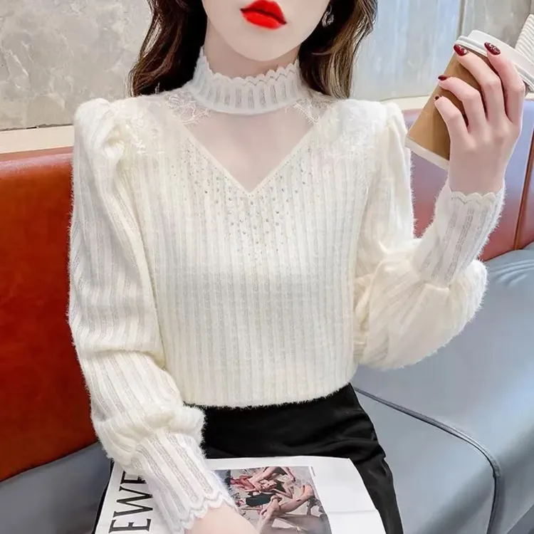 【韩紫朵】2025秋冬款新品荷叶领蕾丝加绒洋气小衫女士上衣1108