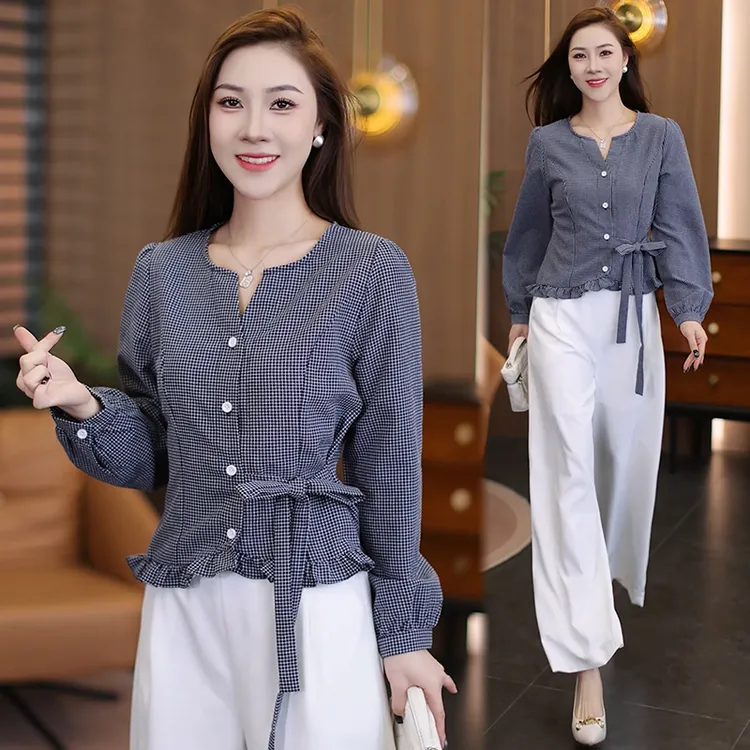 绑带长袖宽松型洋气衬衣女2025秋季新款法式复古小众格纹衬衫通勤