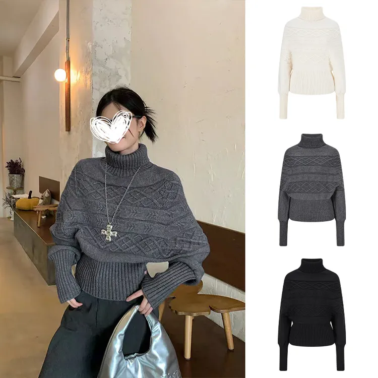 MosesQueen/魔西女王韩系慵懒绞花蝙蝠袖高领收腰显瘦针织上衣