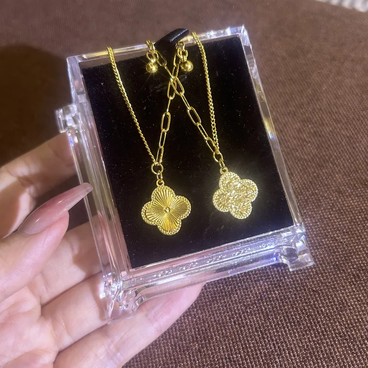 铜项链 5年质保不掉色金店同款爆闪碎冰冰幸运四叶草双面戴项链