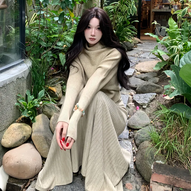 温婉贤淑气质款套装秋季新款简约休闲百搭款长袖上衣半身裙两件套