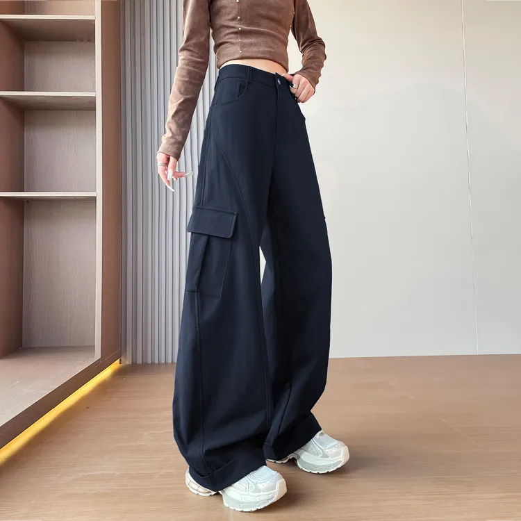 藏蓝色美式工装裤女春秋新款高腰宽松显瘦休闲酷飒运动弯刀阔腿裤