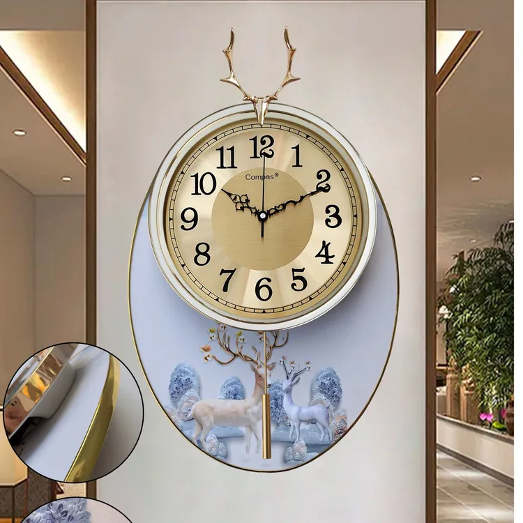 客厅高档静音挂钟免打孔挂画钟表轻奢时尚挂钟超静音家用实木挂钟