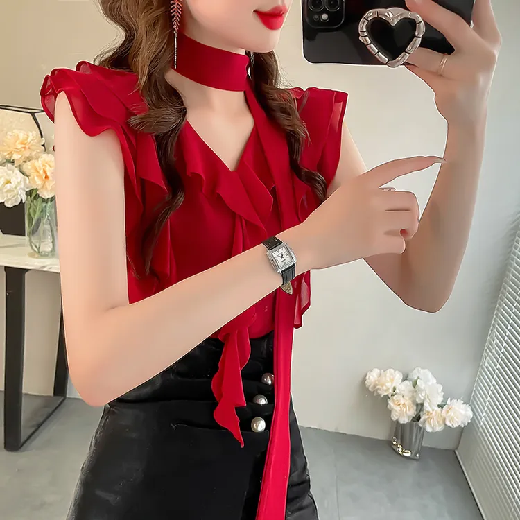红色不规则飘带V领雪纺衬衫上衣女宽松显白气质名媛飞飞袖衬衣夏