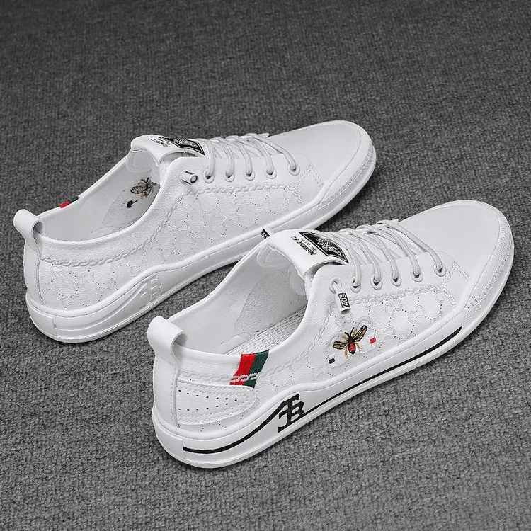 小蜜蜂男鞋春季新款透气薄款真皮小白鞋潮流百搭男士板鞋休闲皮鞋