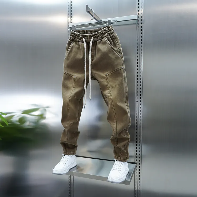 2025男士新款冬季加绒休闲裤松紧腰小脚加厚牛仔裤高品质做旧拼接