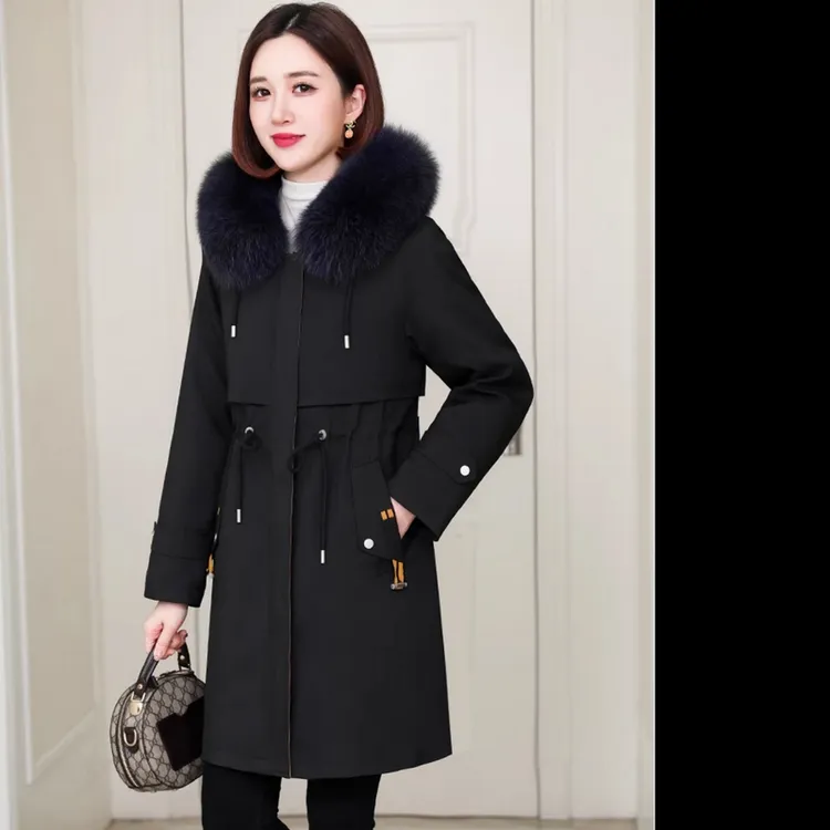 中长款网红欧美风加厚毛领韩版可拆卸派克服气质加绒獭兔毛狐狸领